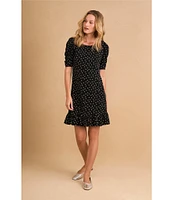 CeCe Crew Neck Short Puffed Sleeve Polka Dot Dress