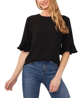 CeCe Crew Neck Short Ruffle Sleeve Keyhole Button Back Blouse