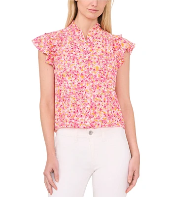 CeCe Crew Neck Short Sleeve Button Front Floral Blouse