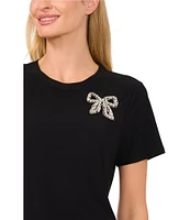 CeCe Crew Neck Short Sleeve Embellished Bow Tee