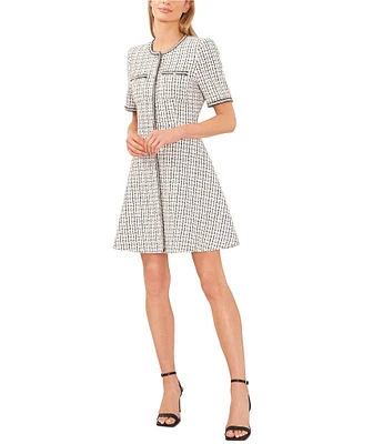 CeCe Crew Neck Short Sleeve Rhinestone Button Front Tweed Fit and Flare Dress