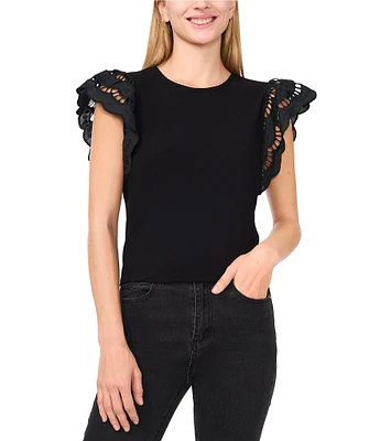 CeCe Crew Neck Short Sleeve Ruffle Eyelet Embroidered Tee