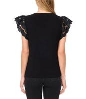 CeCe Crew Neck Short Sleeve Ruffle Eyelet Embroidered Tee