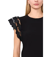 CeCe Crew Neck Short Sleeve Ruffle Eyelet Embroidered Tee