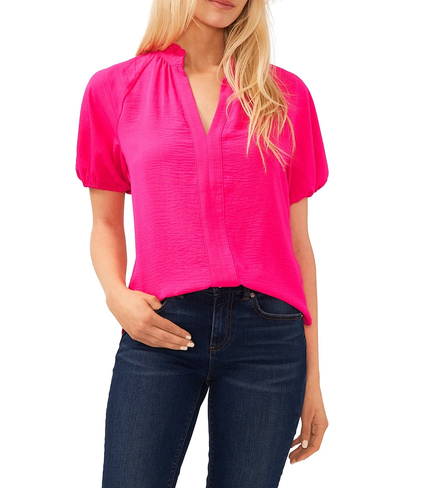 CeCe Drapey Gauze Ruffled Split V-Neck Short Puffed Sleeve Blouse