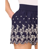 CeCe Elastic Waistband Pull On Floral Embroidered Scalloped High Rise Shorts