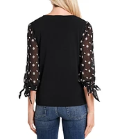 CeCe Floral Embroidered 3/4 Tie Sleeve Crew Neck Knit Top