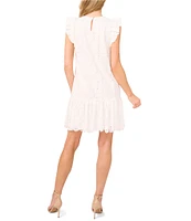 CeCe Floral Lace Round Neck Ruffle Sleeve Shift Dress