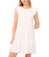 CeCe Floral Lace Round Neck Ruffle Sleeve Shift Dress