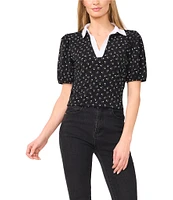 CeCe Floral Print Johnny Collar Short Puff Sleeve Contrast Trim Polo Top