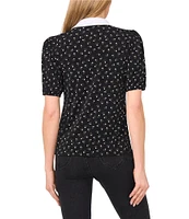 CeCe Floral Print Johnny Collar Short Puff Sleeve Contrast Trim Polo Top