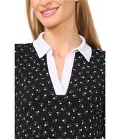 CeCe Floral Print Johnny Collar Short Puff Sleeve Contrast Trim Polo Top