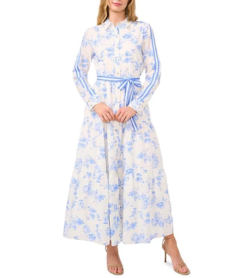 CeCe Floral Print Point Collar Long Sleeve Novelty Trim Belted Maxi Shirt Dress