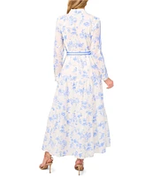 CeCe Floral Print Point Collar Long Sleeve Novelty Trim Belted Maxi Shirt Dress