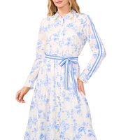 CeCe Floral Print Point Collar Long Sleeve Novelty Trim Belted Maxi Shirt Dress
