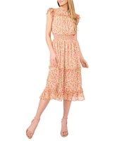 CeCe Floral Print Ruffle Crew Neck Cap Sleeve Smocked Waist Midi A-Line Dress