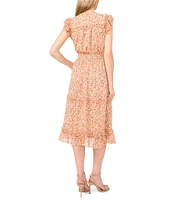 CeCe Floral Print Ruffle Crew Neck Cap Sleeve Smocked Waist Midi A-Line Dress
