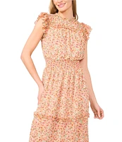 CeCe Floral Print Ruffle Crew Neck Cap Sleeve Smocked Waist Midi A-Line Dress