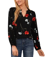 CeCe Floral Print Split V-Neck Long Blouson Sleeve Smocked Ruffle Shoulder Crepe Knit Top