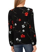 CeCe Floral Print Split V-Neck Long Blouson Sleeve Smocked Ruffle Shoulder Crepe Knit Top