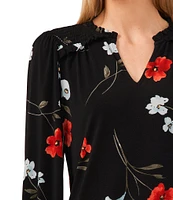 CeCe Floral Print Split V-Neck Long Blouson Sleeve Smocked Ruffle Shoulder Crepe Knit Top