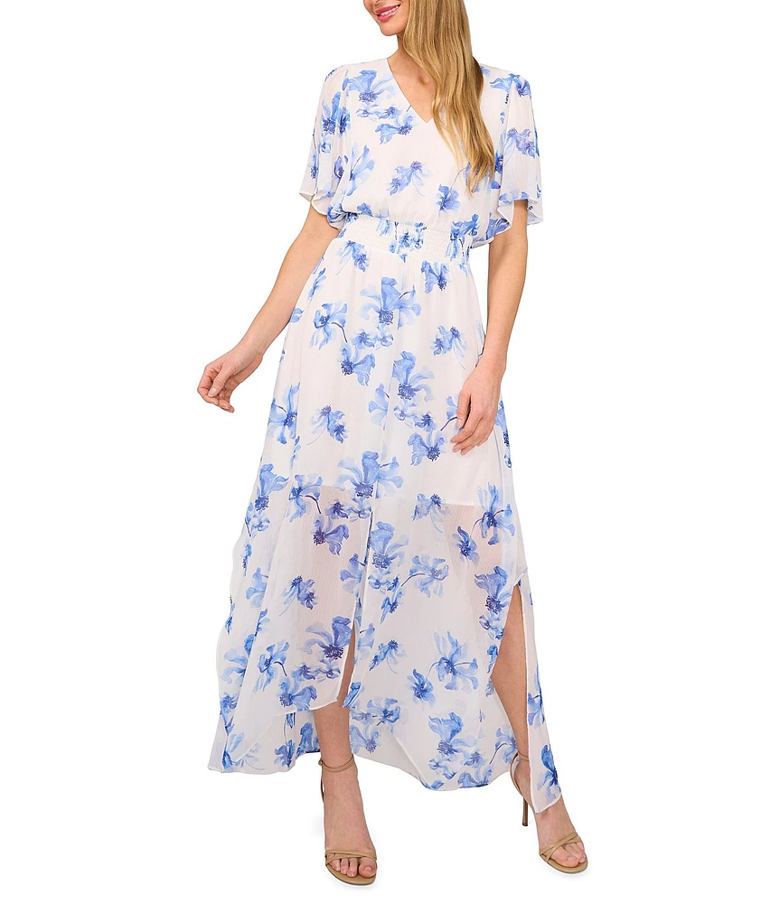 CeCe Floral Print V-Neck Short Flutter Sleeve Smocked Waist Maxi Blouson Dress
