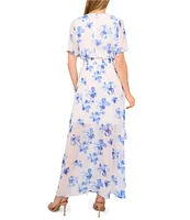 CeCe Floral Print V-Neck Short Flutter Sleeve Smocked Waist Maxi Blouson Dress