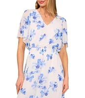 CeCe Floral Print V-Neck Short Flutter Sleeve Smocked Waist Maxi Blouson Dress