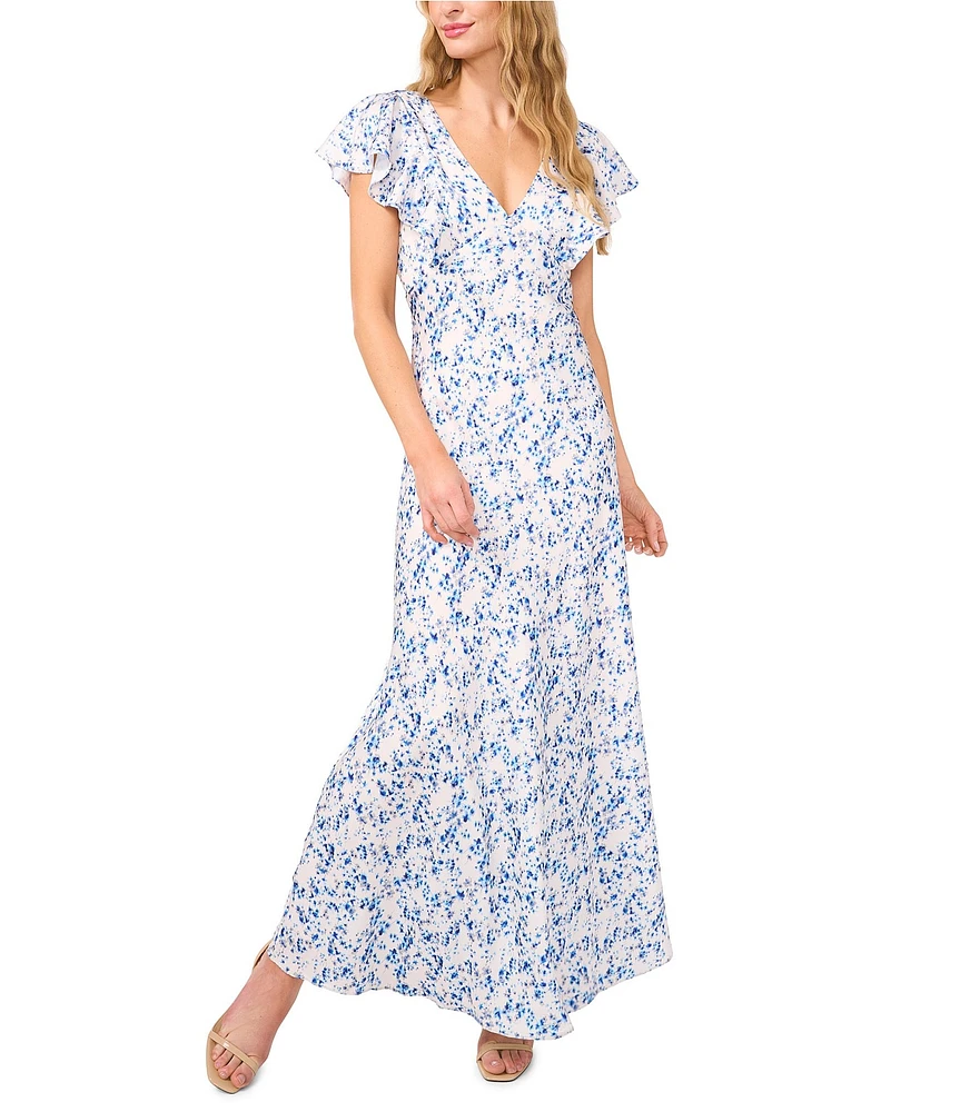 CeCe Floral Print V-Neck Short Ruffle Sleeve Maxi A-Line Dress
