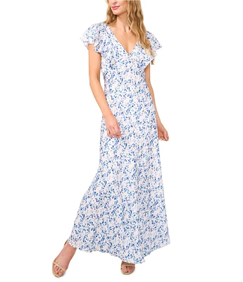 CeCe Floral Print V-Neck Short Ruffle Sleeve Maxi A-Line Dress