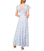 CeCe Floral Print V-Neck Short Ruffle Sleeve Maxi A-Line Dress