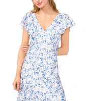 CeCe Floral Print V-Neck Short Ruffle Sleeve Maxi A-Line Dress