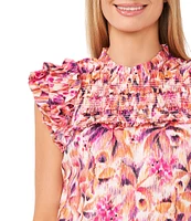 CeCe Floral Ruffled Short Sleeve Blouse