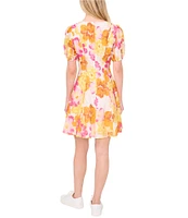 CeCe Floral V-Neck Short Sleeve Floral Button Front Dress