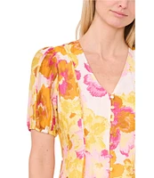 CeCe Floral V-Neck Short Sleeve Floral Button Front Dress