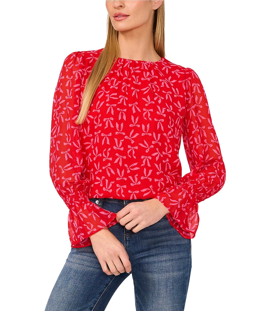 CeCe Gauze Chiffon Bow Print Crew Neck Long Ruffle Sleeve Top