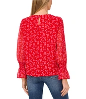 CeCe Gauze Chiffon Bow Print Crew Neck Long Ruffle Sleeve Top