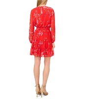 CeCe Gauze Chiffon Floral Print Round Neck Long Sleeve Smocked Tiered Mini A-Line Dress