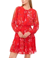 CeCe Gauze Chiffon Floral Print Round Neck Long Sleeve Smocked Tiered Mini A-Line Dress