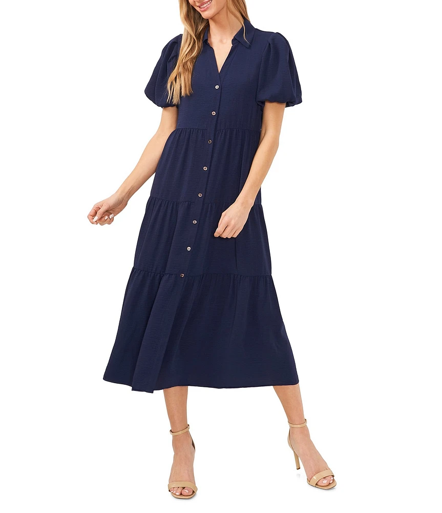 CeCe Gauze Point Collar Short Puff Sleeve Button Front Tiered Midi Shirt Dress