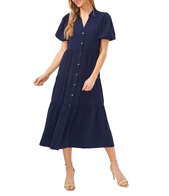 CeCe Gauze Point Collar Short Puff Sleeve Button Front Tiered Midi Shirt Dress