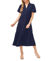CeCe Gauze Point Collar Short Puff Sleeve Button Front Tiered Midi Shirt Dress