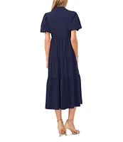 CeCe Gauze Point Collar Short Puff Sleeve Button Front Tiered Midi Shirt Dress