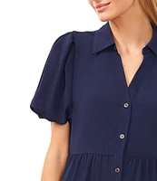 CeCe Gauze Point Collar Short Puff Sleeve Button Front Tiered Midi Shirt Dress