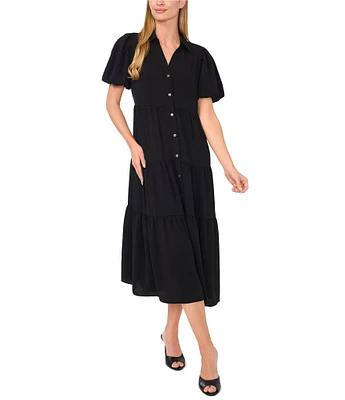 CeCe Gauze Point Collar Short Puff Sleeve Button Front Tiered Midi Shirt Dress