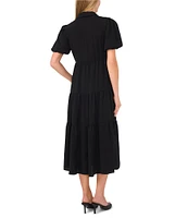 CeCe Gauze Point Collar Short Puff Sleeve Button Front Tiered Midi Shirt Dress