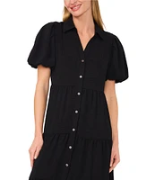 CeCe Gauze Point Collar Short Puff Sleeve Button Front Tiered Midi Shirt Dress