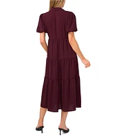 CeCe Gauze Point Collar Short Puff Sleeve Button Front Tiered Midi Shirt Dress