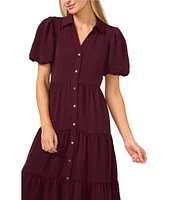 CeCe Gauze Point Collar Short Puff Sleeve Button Front Tiered Midi Shirt Dress