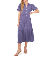 CeCe Gauze Point Collar Short Puff Sleeve Button Front Tiered Midi Shirt Dress